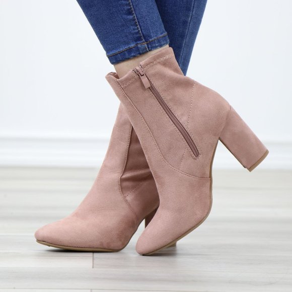 Pointed Toe Pink Faux Suede Block High Heel Above Ankle Boots - Picture 9 of 14